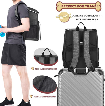 丨Dog Travel Bag Backpack, Airline Approved Pet Supplies Backpack, Dog Travel Backpack with 2 Silicone Collapsible Bowls and 2 Food Baskets Grey