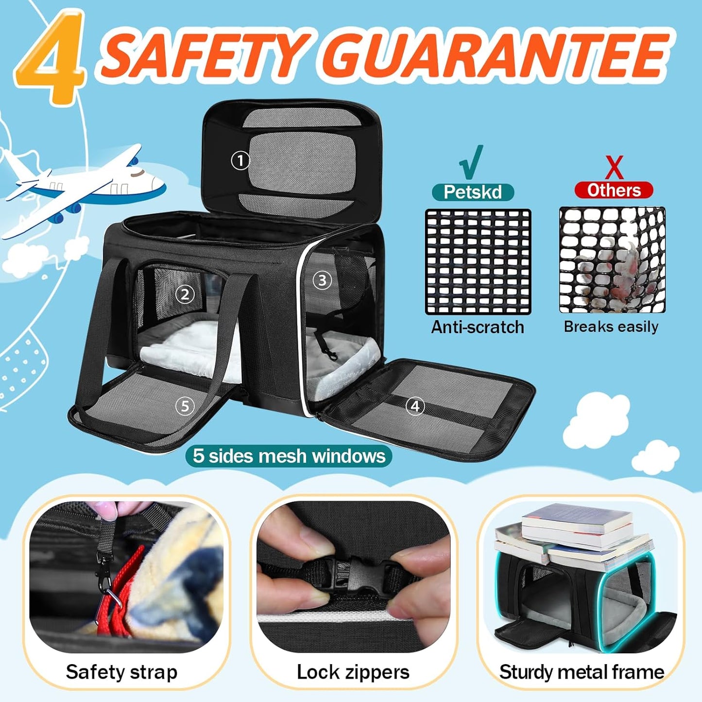 Top-Expandable Pet Carrier with Wheels 18X11X11 Inches Delta American United Airline Approved, Soft-Sided Carrier for Small Cats Dogs with Locking Safety Zippers and Anti-Scratch Mesh(Black)