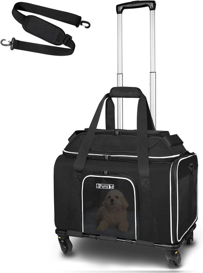 Top-Expandable Pet Carrier with Wheels 18X11X11 Inches Delta American United Airline Approved, Soft-Sided Carrier for Small Cats Dogs with Locking Safety Zippers and Anti-Scratch Mesh(Black)