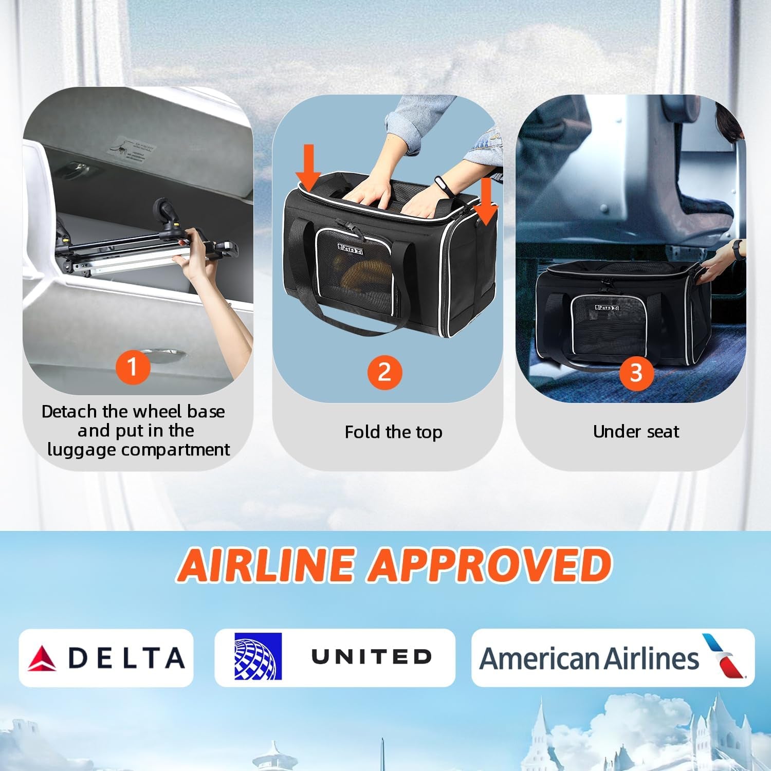 Top-Expandable Pet Carrier with Wheels 18X11X11 Inches Delta American United Airline Approved, Soft-Sided Carrier for Small Cats Dogs with Locking Safety Zippers and Anti-Scratch Mesh(Black)